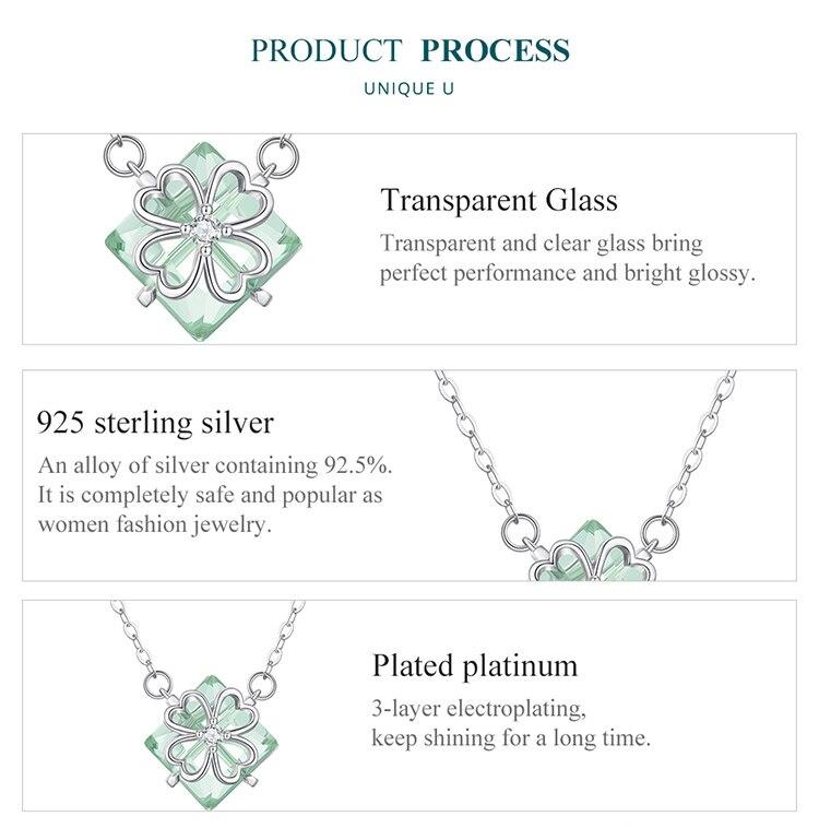 BAMOER 925 Sterling Silver Light Green Four-leaf Clover Pendant Necklace Lucky Neck Chain for Women Trendy Fine Jewelry
