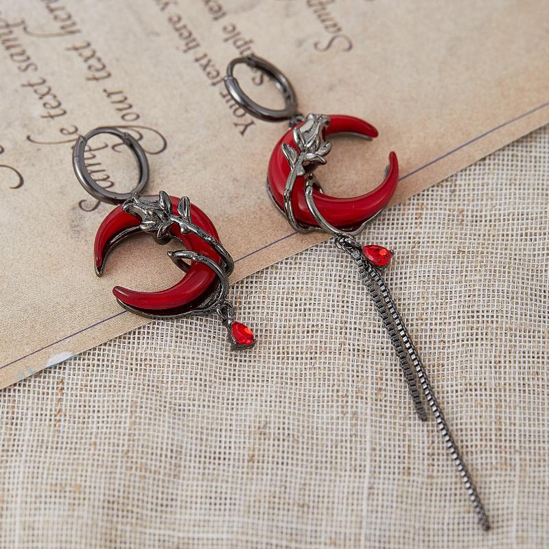 Asymmetry Red Moon Rose Earrings for Women European American Style Personality Crystal Drop Pendant Earrings Zircon