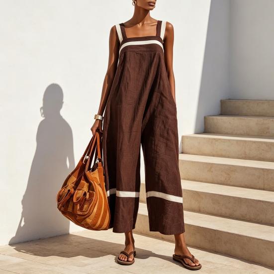 Summer Dress for Women, Color Block Sleeveless Cotton Linen Dress, Loose Vacation Long Dress with Pockets