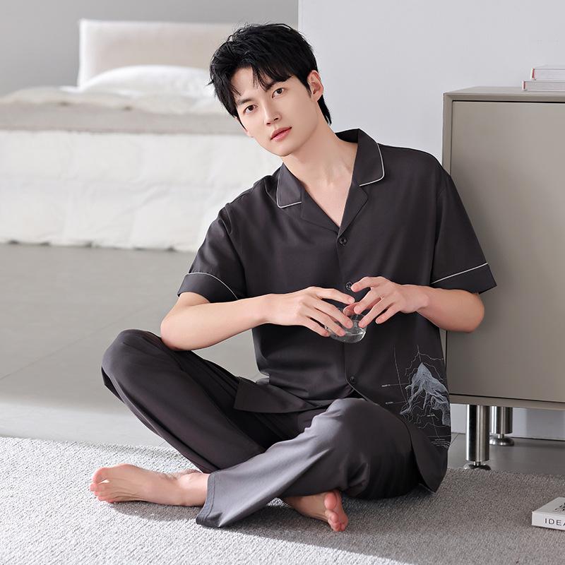 Pajamas Men's Summer Cotton Short Sleeve Trousers Men's Thin Summer Large Size Half Sleeve Men's Summer Loungewear Set