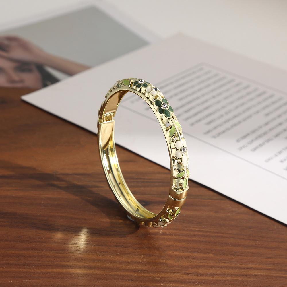 Retro Chinese Ethnic Style Enamel Bracelet with Floral Inlays and Artistic Open Design