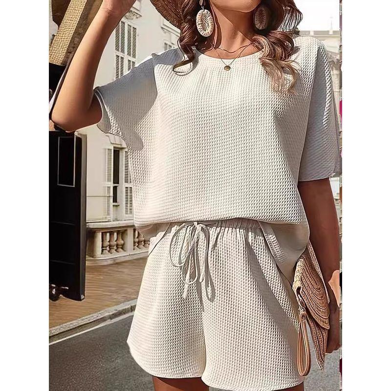 round Neck T-shirt Loose Shorts Set Pure Color Crew Neck T-shirt Loose Shorts Suit
