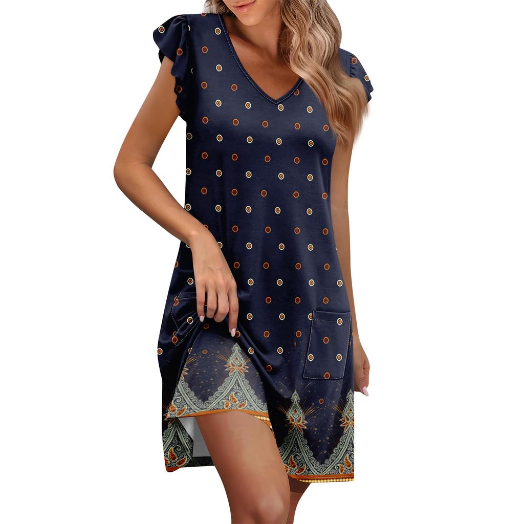 Womens Summer Dress Ruffle Sleeve V Neck Short Dresses Fashion Casual Flowy A Line Swing Sundress With Pocket
