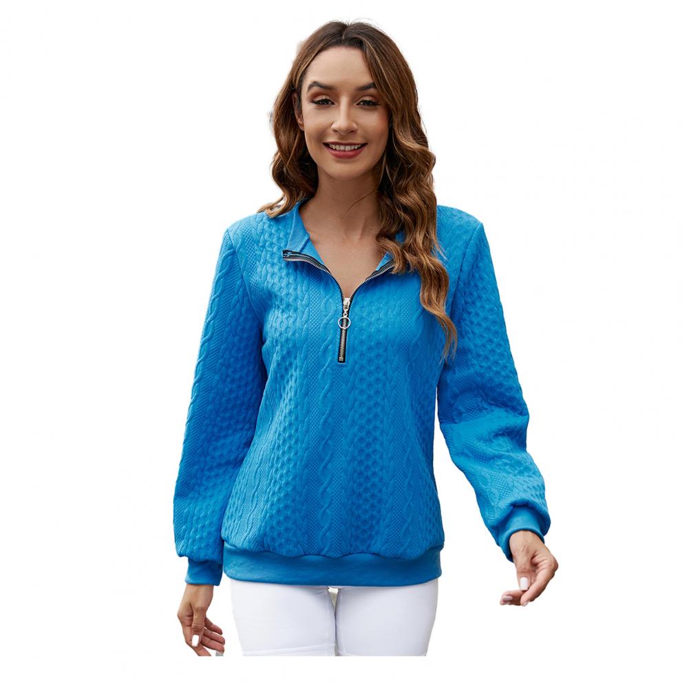 Fall Winter Women Sweatshirt Zipper Turn-down Collar Solid Color Long Sleeve Loose Twisted Texture Thick Warm Pullover Casual La
