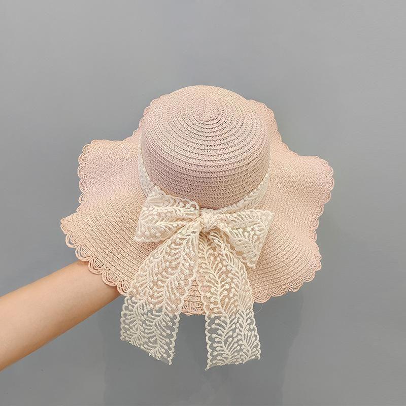 

Straw Hat Female K-style Lace Bows Big Brim Foldable Sun Protection Sun Hat Seaside Beach Sweet Sun Hat D-217 Pink Lace Bows Straw Hat