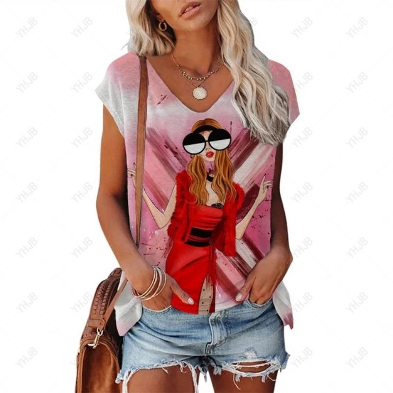 Summer New Product Cool And Comfortable V-neck T-shirt Women's Elegant Flower Print Top Casual Simple Short Sleeved T-shirt