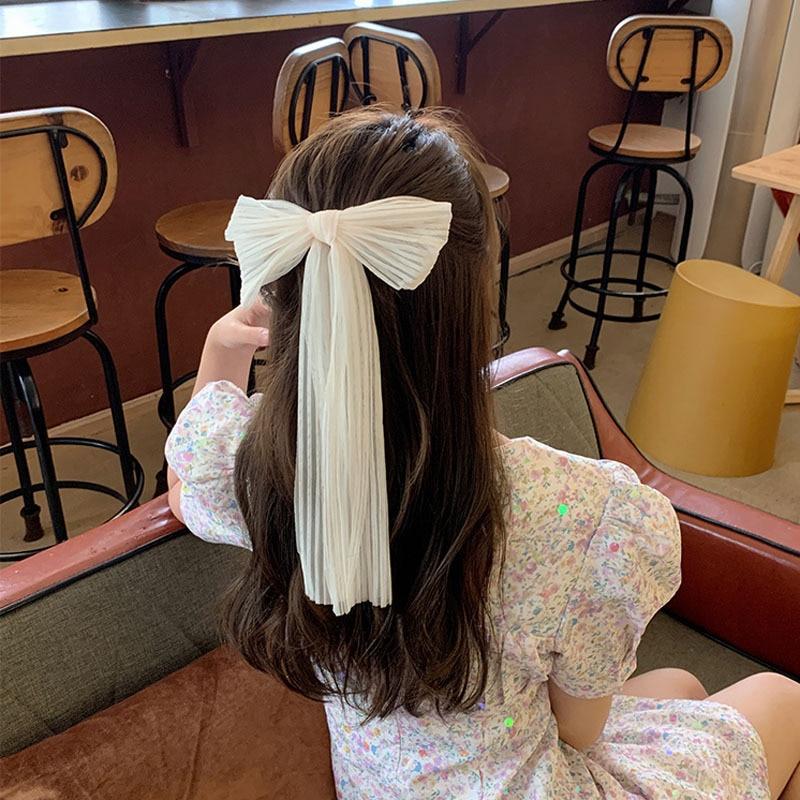 Women White Simple Hairpin Chiffon Mesh Big Bowknot Ribbon Hairband Clip Lady Girls Spring Clip