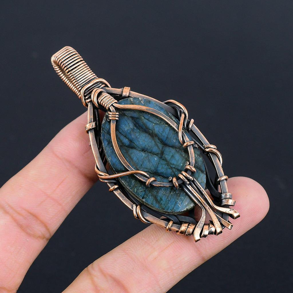 Labradorite Pendant, Handmade Gemstone 999 Copper Wire Wrapped Pendant Antique Jewelry, For Gift Silver Jewelry