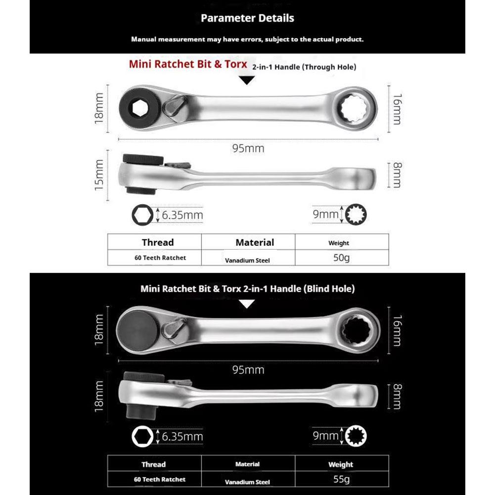 Mini Treble 1/4 Ratchet Wrench Double Ended Quick Socket Ratchet Wrench Screwdriver Hex Torque Wrenches Set Spanner