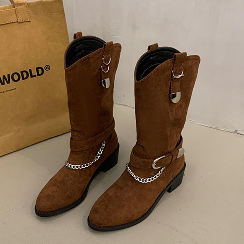 Cizme de călărie pentru femei cu lanț metalic și toc gros, toamnă iarnă, piele PU, cizme până la jumătatea gambei, modă pentru femei, cu cataramă, cizme de motociclist