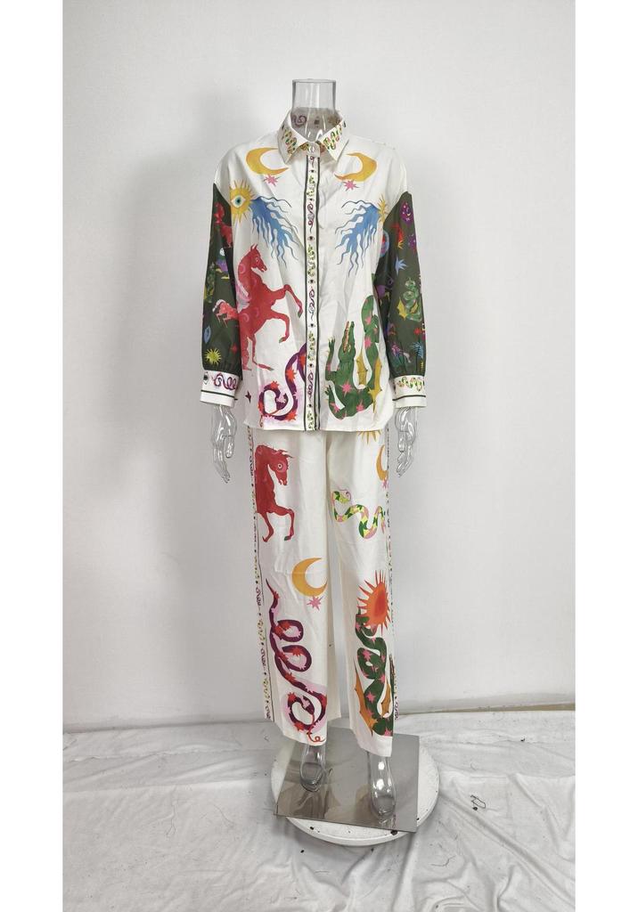 2026 Spring Women's European & American Loose Casual Printed Shirt & Wide-Leg Pants Set
