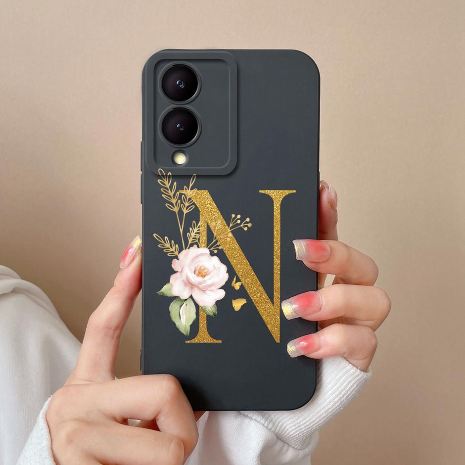 Case For VIVO Y17S 4G A To Z Cute Flower Letter Pattern Smooth Liquid Silicone Shell For VIVOY17S Y17s 4G Fashion Couple Fundas