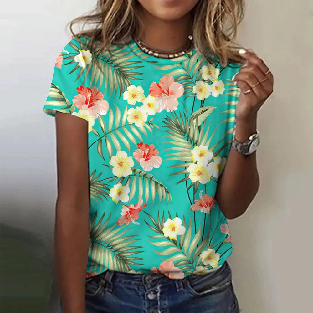 Colorful Floral Pattern 3D Digital Printing Women's Comfortable Round Neck Short Sleeved T-shirt