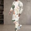 Men S Plus Size Printed Round Neck Long Sleeve Top And Cuffed Pants Two Piece Set