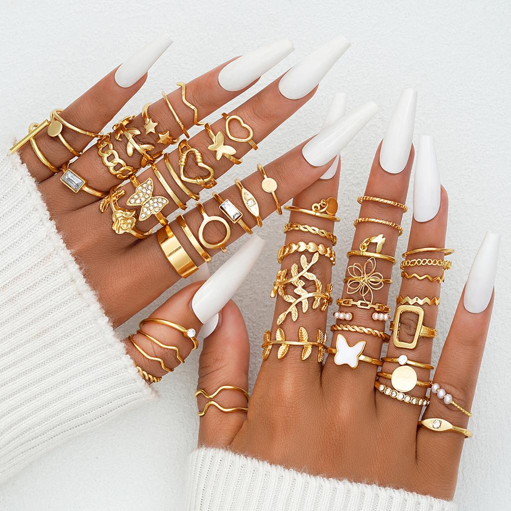 Fashion Minimalist Vintage Elegant Heart Butterfly Faux Pearl Rhinestone Geometric Wave Infinity Metal Rings Set Party Jewelry