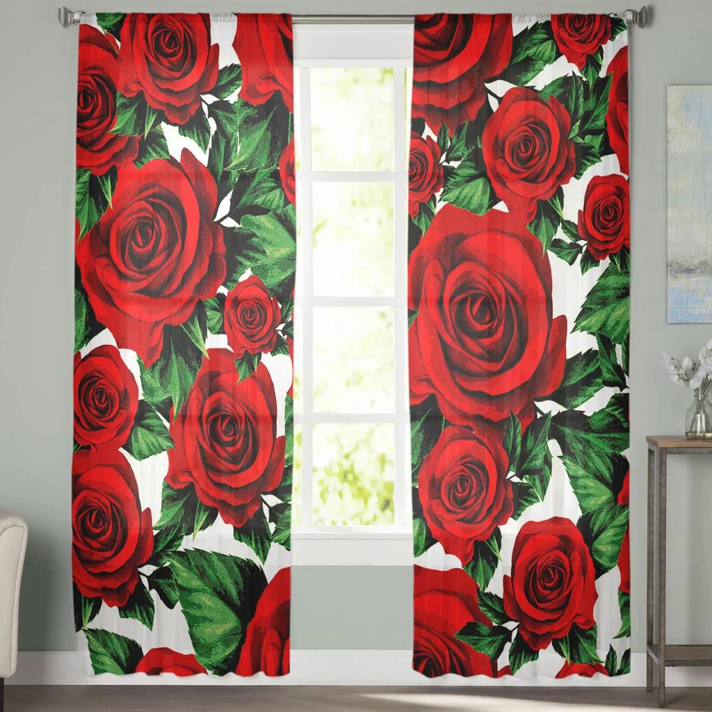 Valentine'S Day Flower Red Rose Flower Tulle Curtains for Living Room Kitchen Sheer Voile Curtain Bedroom Window Panels