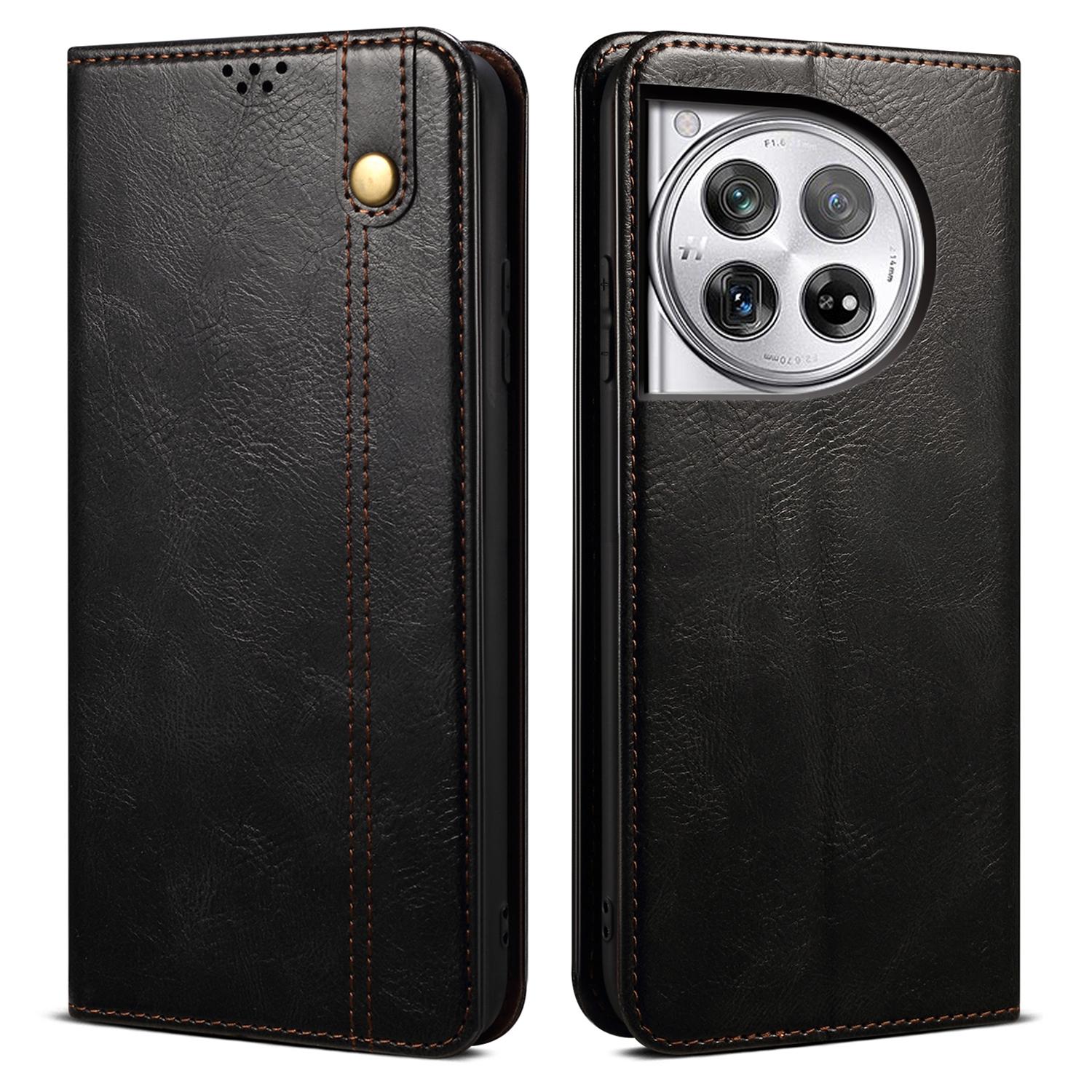 

For OnePlus 12 5G Case Stand with Card Holder Waxy Crazy Horse Texture Leather Cover Black