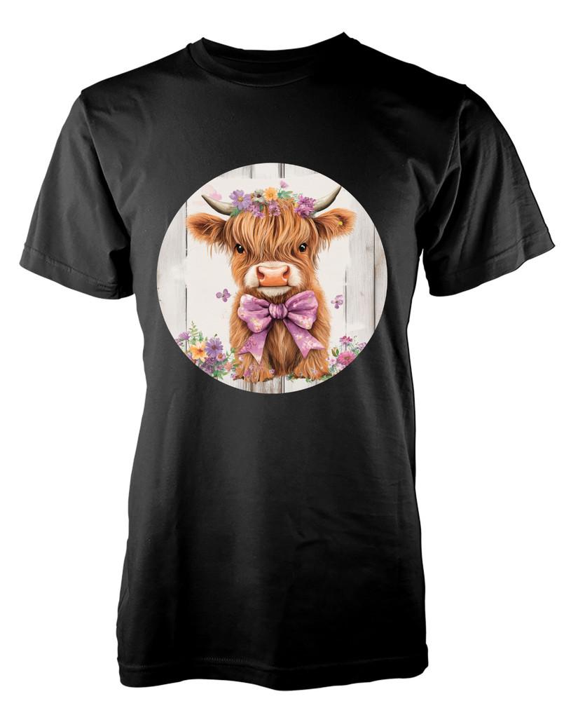 

Cute Highland Cow With Flowers And Bow Novelty Gift Unique Tshirt Adult and Kids 3XL