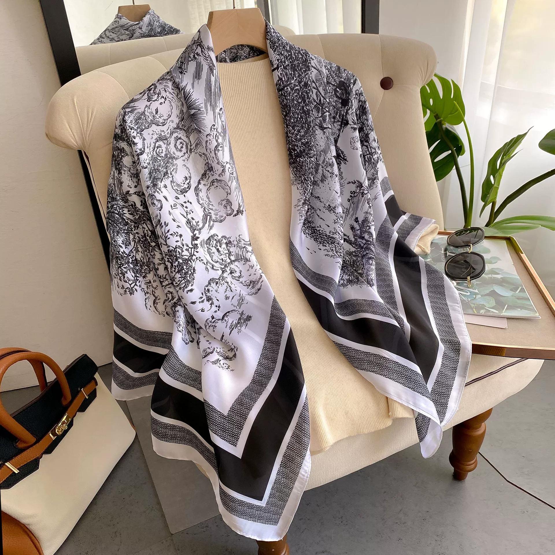 110Cm Larege Square Spring Scarf Women Luxury Fake Silk Floral Print Scarf Beach Shawl 110x110cm