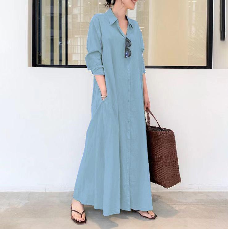 Women's Lapel Long Sleeve Plug Pocket Loose Casual Long Shirt Dresses