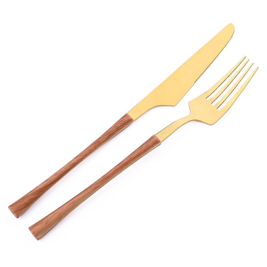 High Quality Black Gold Stainless Steel Dinnerware New Imitation Wood Handle Cutlery Set Knife Fork Coffee Spoon Tableware Kitchen Silverware