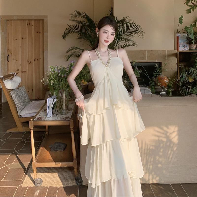 French Gentle Collar Neck Suspender Dress Fairy Summer Beautiful Dress Seaside Vacation Cake Dress