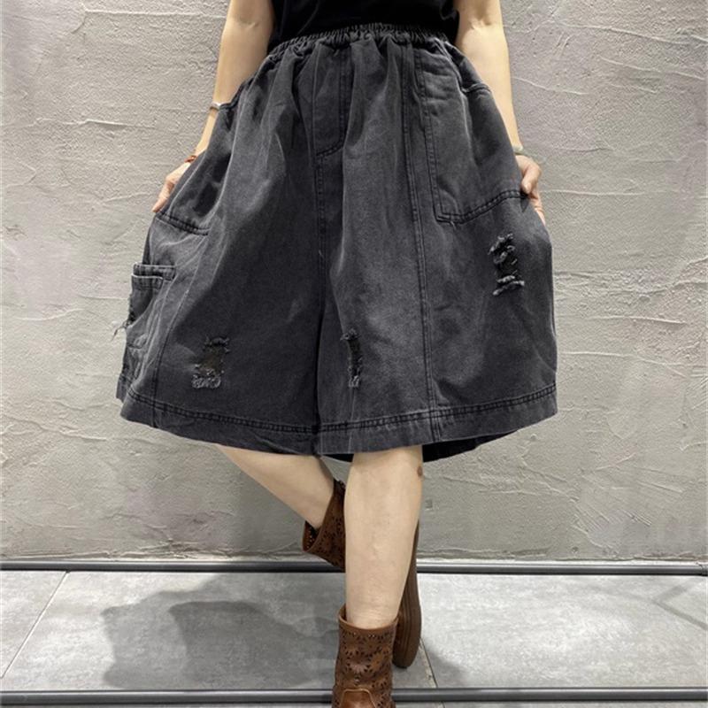 Black Washed Denim Wide Leg Pants for Women Loose Casual Denim Shorts Female Fashion The Five Part Pants Are Short Pants Women Summer