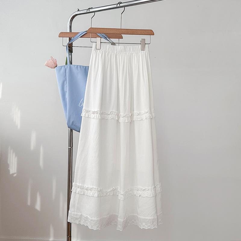 White Wood Ear Cake Skirt for Women's In Summer New Lace Skirt High Waist Slim-fit A-line Long Skirt