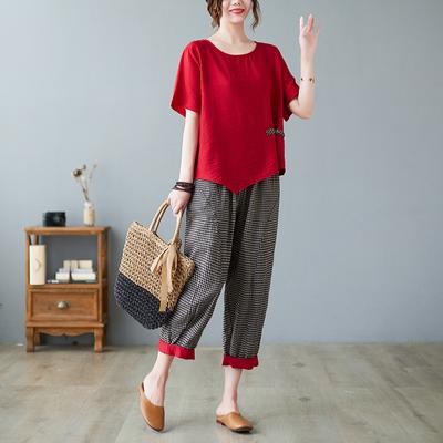 2 Piece Sets Women Casual T-shirt And Ankle-length Pants Summer Vintage Style Loose Female Pant Suits
