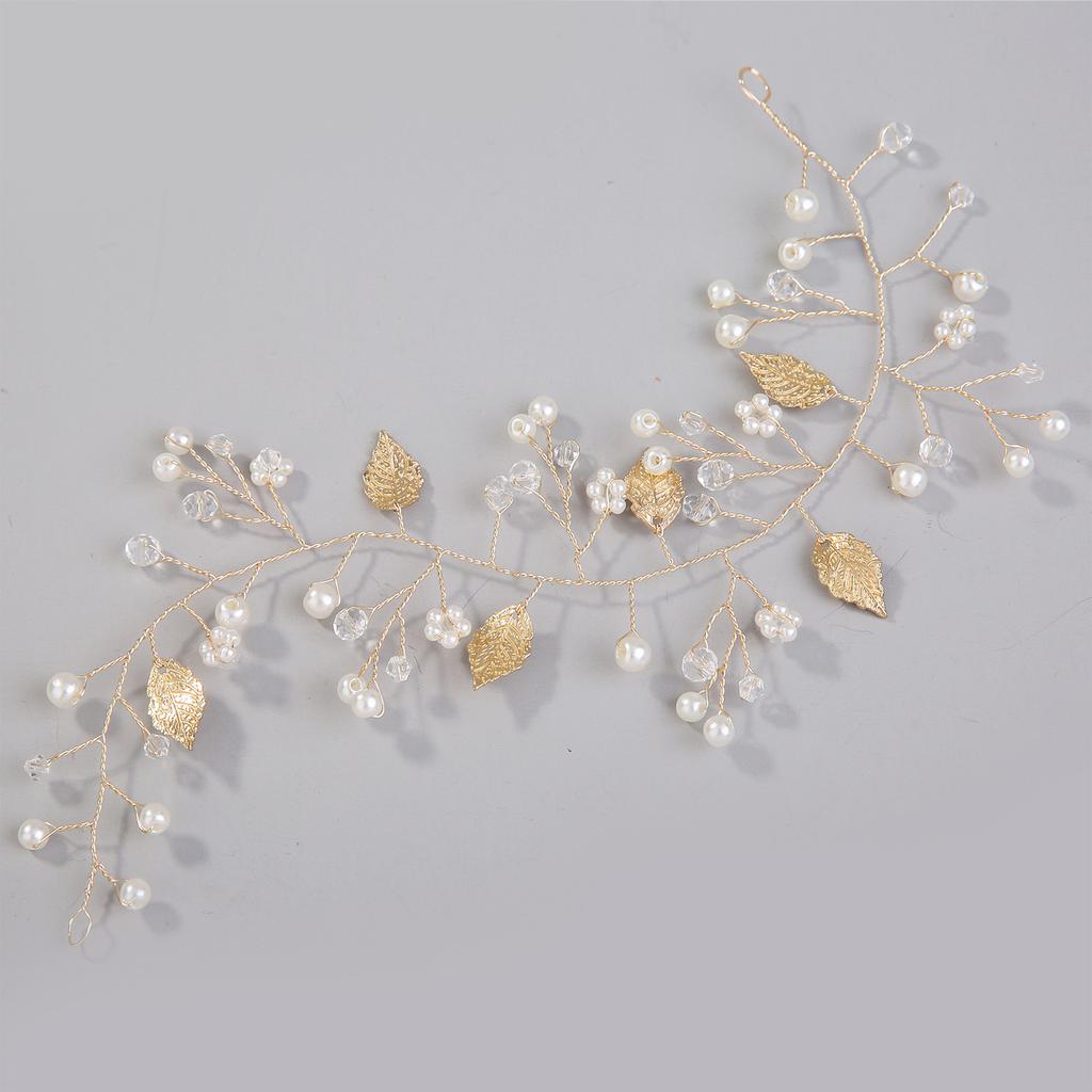 Bridal Sparkle Headband Head Chain Luxurious White Pearls Leaf Gown Headdress for Banquet Wedding Masquerade
