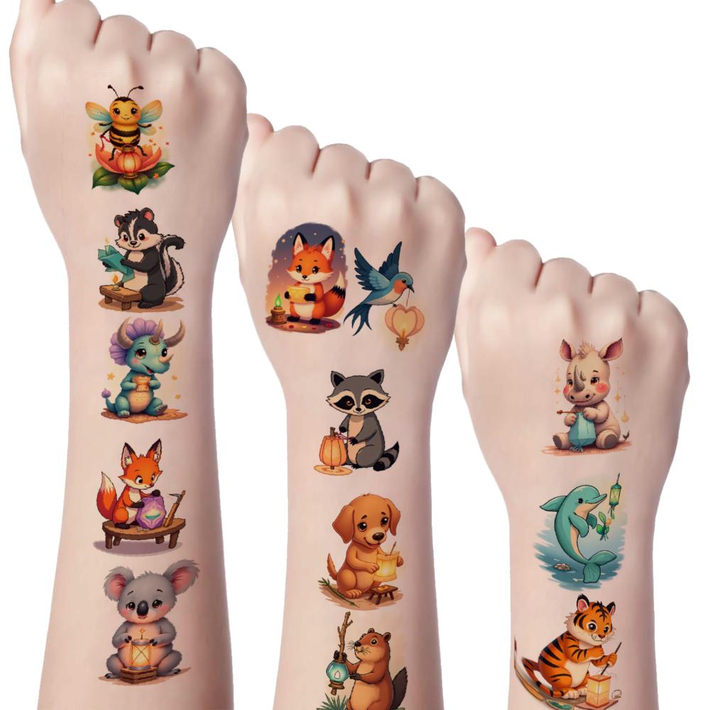 54pcs Kawaii Temporary Tattoo Kids Night Lantern Bear Tiger Fake Tattoo Stickers Cute Animal Body Art Arm Tattoo Stickers