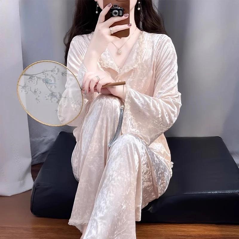 New WomenSoft Velour Pyjamas 2 Piece Female Pajama Set Lapel Cardigan Outfits French Style Velvet Home Clothes