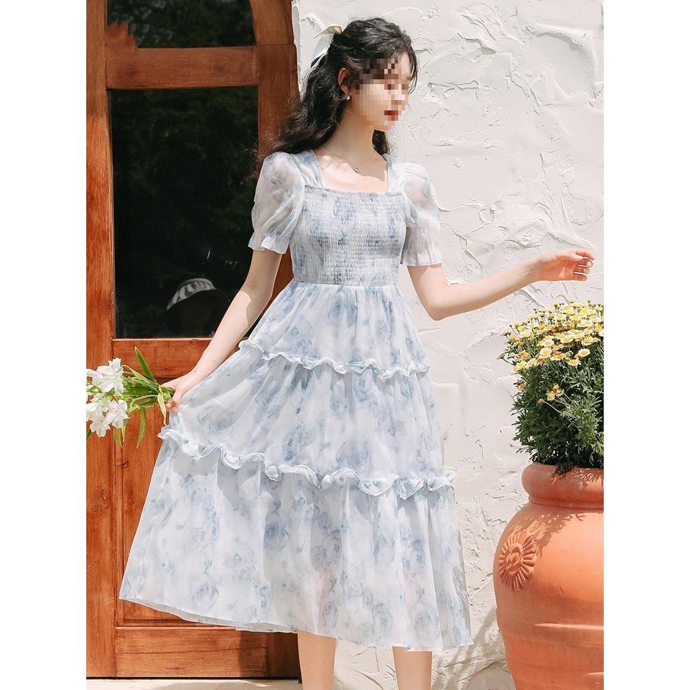 Retro Square Collar Floral Dress Summer New Super Fairy Mori Waist Thin Fungus Edge Long Skirt Milk Blue