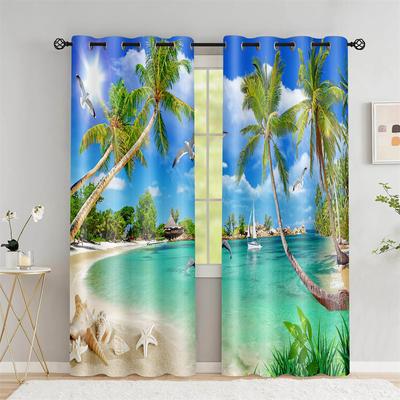 Hawaiian Beach Scenery Coconut Tree Seaside Curtain, a Set of Two, Home Bedroom Living Room Shade Curtain