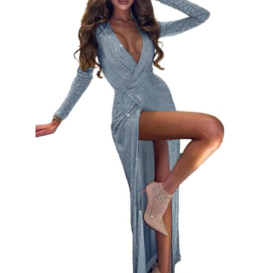 Deep V-Neck Long Sleeve Maxi Dress Slim Fit High Split Glitter Wrap Party Dress for Bar