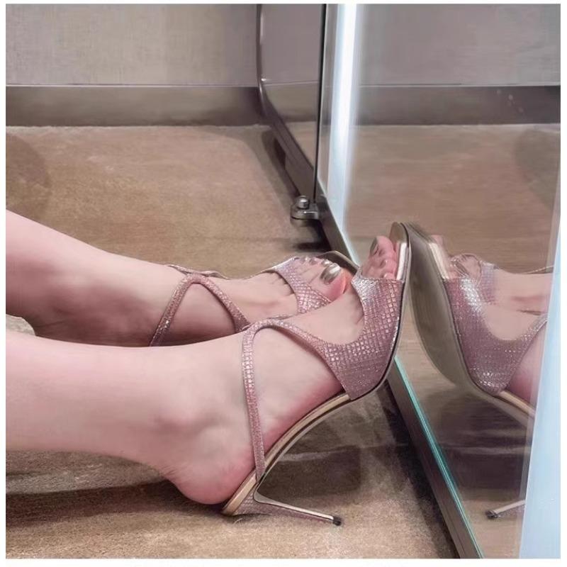 2025 summer new Internet celebrity one-word buckle with square head sandals women's fish mouth gold stiletto open toe sexy high heels