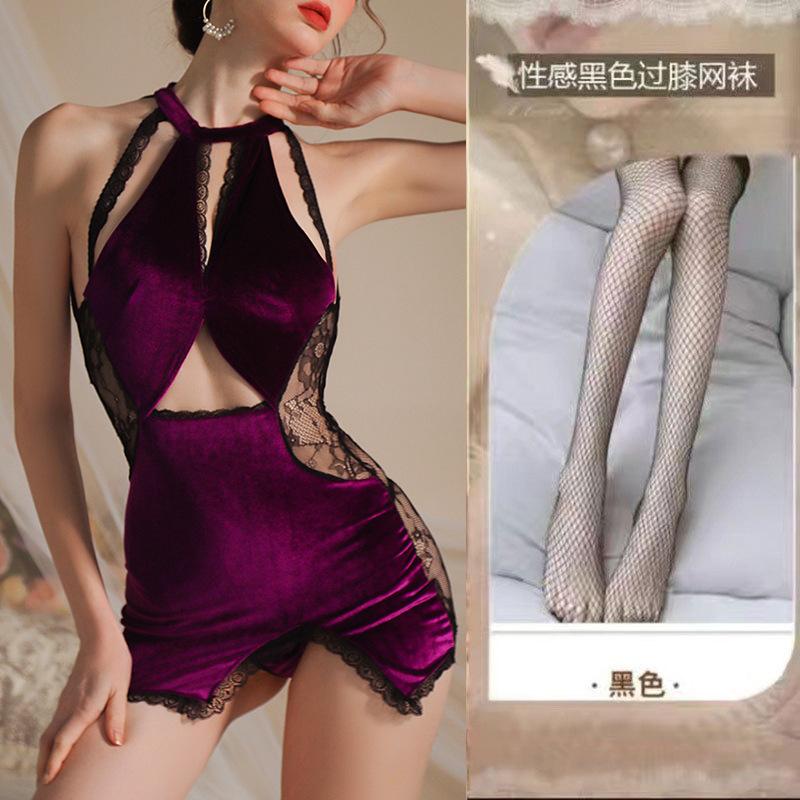 Sex underwear sexy pure lace splicing velvet temperament thin classical cheongsam purple charm hanging neck