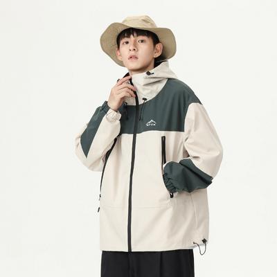 American Windproof Jacket Men'S Outdoor Mountaineering Loose Jacket Sports Splicing Contrasting Hooded Jacket