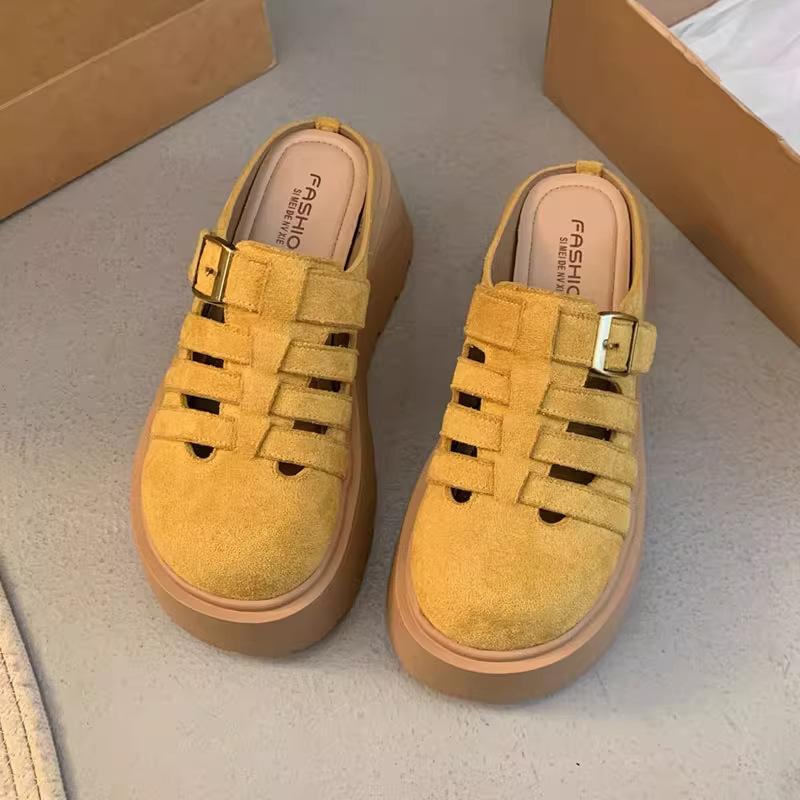 

Туфли-маффины на толстой подошве с увеличением высоты, полушлепанцы с закрытым носком, женская летняя обувь, новые полые дышащие прохладные шлепанцы Boken 37 жёлтый