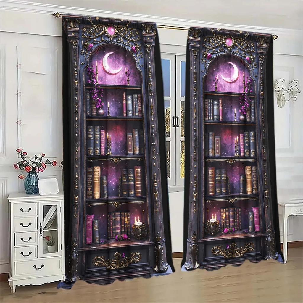 Floral Gothic Bookshelf Curtain Design Polyester Halloween Window Decor Home Curtains Light Blocking Set Of 2 Made With Rod Pocket