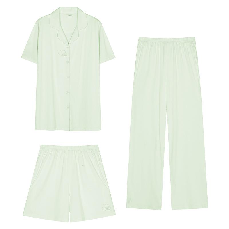 Three-piece Pajamas Women's Summer Lyocell Cotton Short-sleeved Cardigan Women's Summer Cool Tencel Loungewear Set
