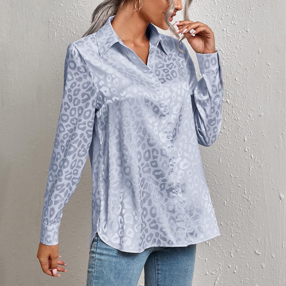 QICED Women's Spring Summer Lapel Open Button Leopard Print Jacquard Shirt Temperament Commuter Long Sleeve Shirt