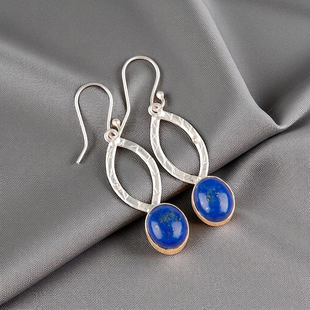 Natural  Lapis Lazuli  Gemstone 925 Sterling Silver Handmade Jewelry Earrings 2" EE-87-23