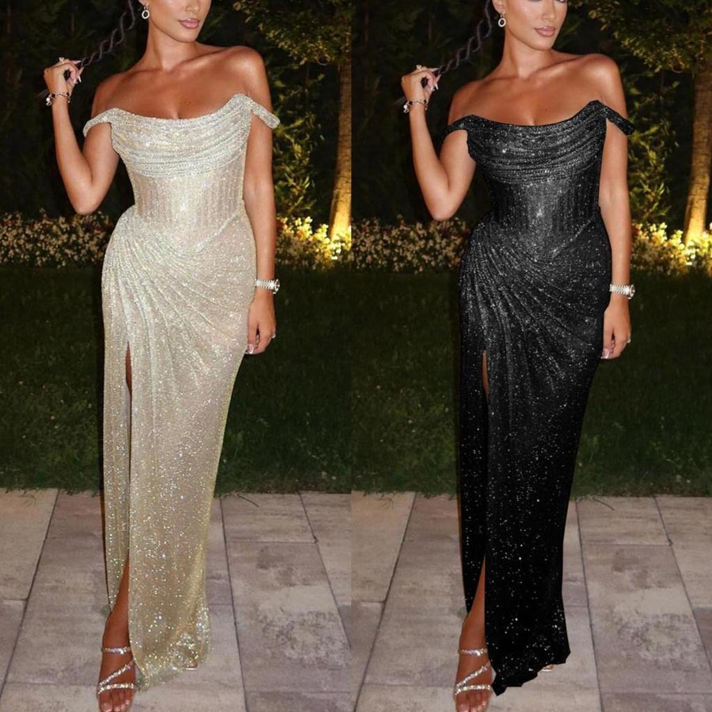 Women's Off Shoulder Sleeveless Maxi Dress Bodycon Mid Rise Elegant Evening Gown Sparkly Split Party Dress