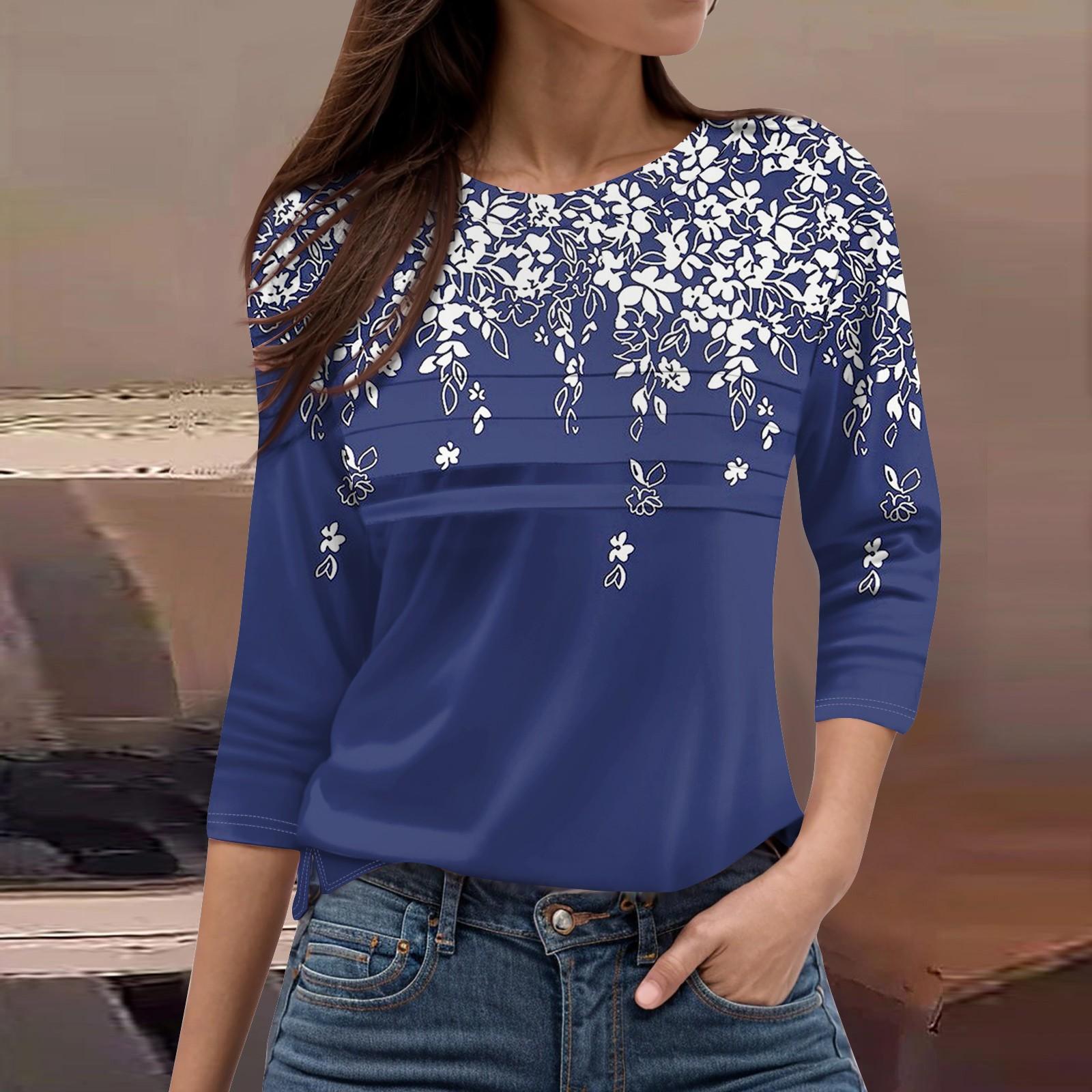 

Женская мода повседневный свободный топ с рукавом 3/4 и круглым вырезом XXL синий