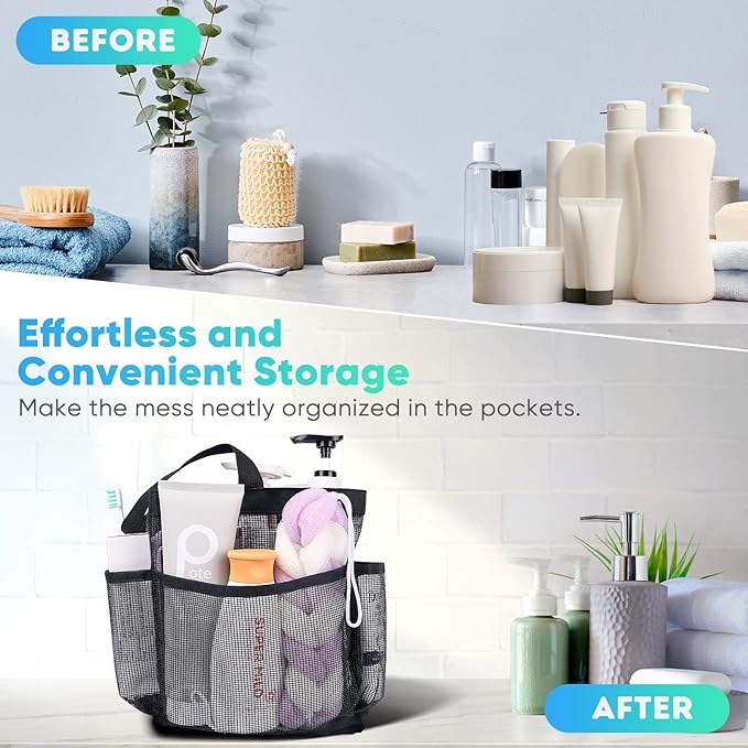 Large Capacity Portable Bathroom Organizer 8 Pocket Textile Hanging Bag for Dorm Shower Bedroom Gym Beach 22x22x25cm Black