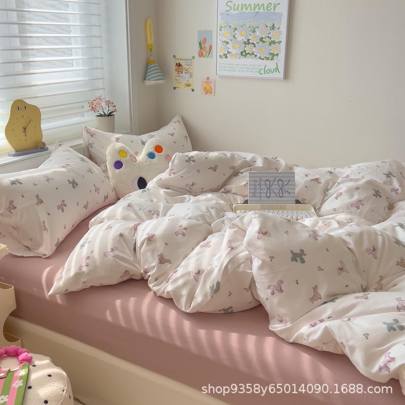 Class A Maternal and Infant Grade Knitted Cotton Double-layer Yarn 4pcs Set, Super Soft Washed Cotton Quilt Cover, Student Dormitory 3pcs Set