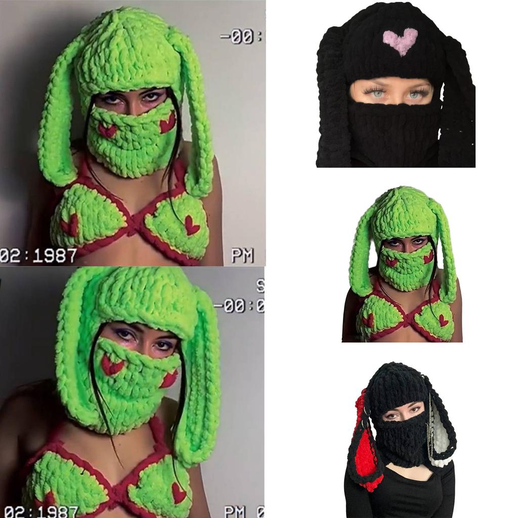 Knitting Balaclava Cap for Women Adult Rabbit Ear Beanie Hat Handmade Face Cover Hat Crochet Hooded Hat for Outdoor Ski