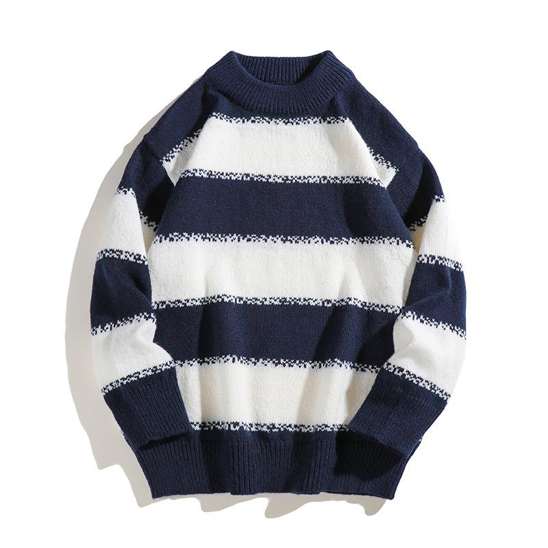 Men s Retro Striped Round Neck Sweater - New Lazy Style Autumn/Winter Long Sleeve Knitwear for Couples M