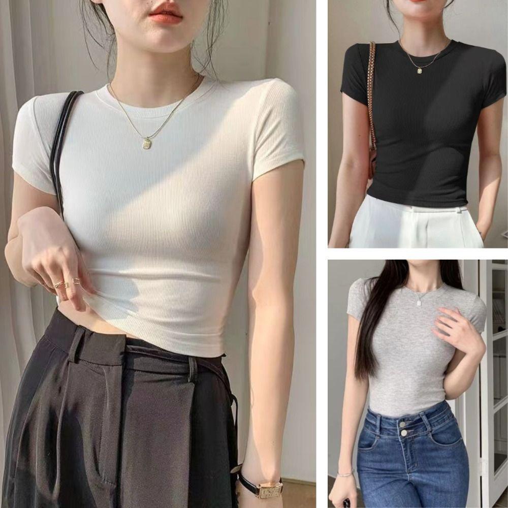 Basic Short Sleeve T Shirt Pullover Slim Crop Tops Solid Color Tees Shirts Women  Summer